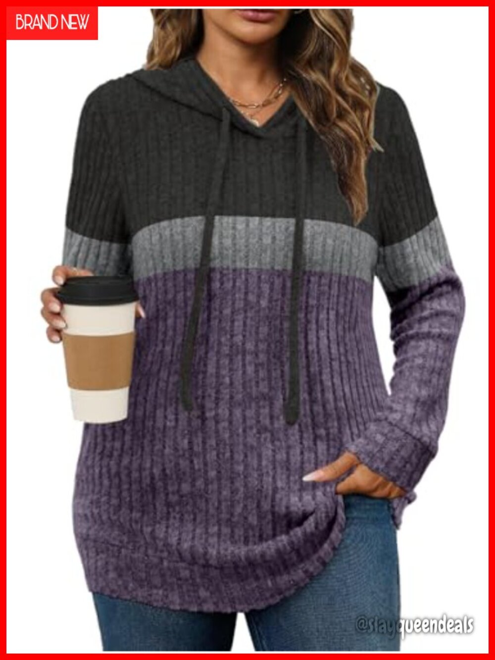 Plus Size Lightweight Ribbed Knit Hoodie Sweater Long Sleeve Fall Tunic Top